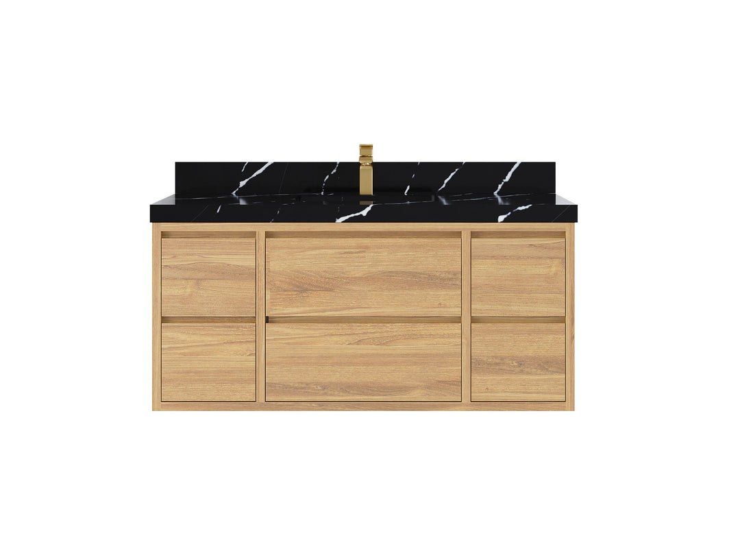 Madison Floating Teak 48 in. W x 22 in. D Single Sink Bathroom Vanity in Light Natural with 2 in Calacatta Black Quartz Countertop