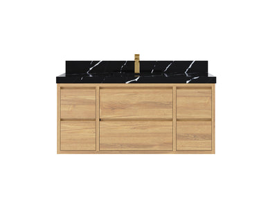 Madison Floating Teak 48 in. W x 22 in. D Single Sink Bathroom Vanity in Light Natural with 2 in Calacatta Black Quartz Countertop