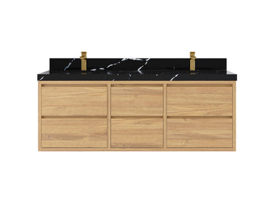Madison Floating Teak 60 in. W x 22 in. D Double Sink Bathroom Vanity in Light Natural with 2 in Calacatta Black Quartz Countertop