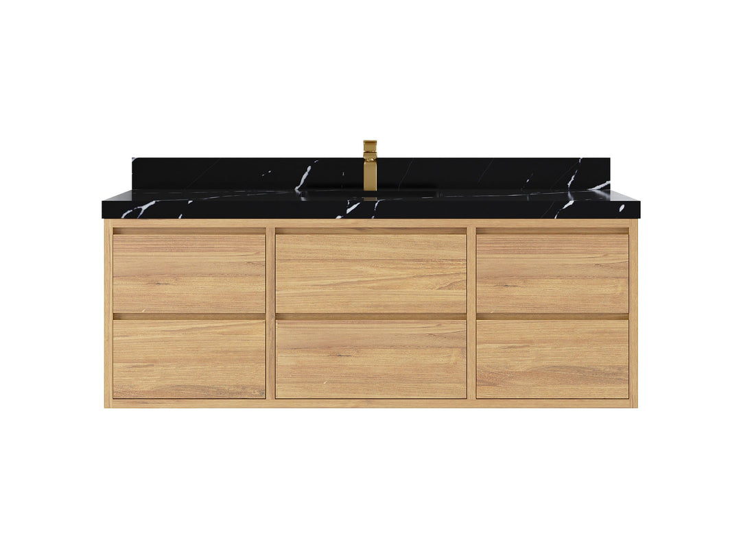 Madison Floating Teak 60 in. W x 22 in. D Single Sink Bathroom Vanity in Light Natural with 2 in Calacatta Black Quartz Countertop