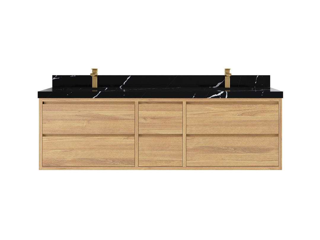 Madison Floating Teak 72 in. W x 22 in. D Double Sink Bathroom Vanity in Light Natural with 2 in Calacatta Black Quartz Countertop