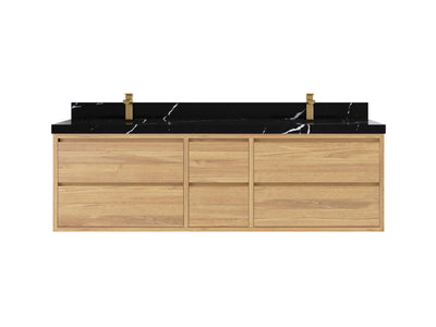 Madison Floating Teak 72 in. W x 22 in. D Double Sink Bathroom Vanity in Light Natural with 2 in Calacatta Black Quartz Countertop