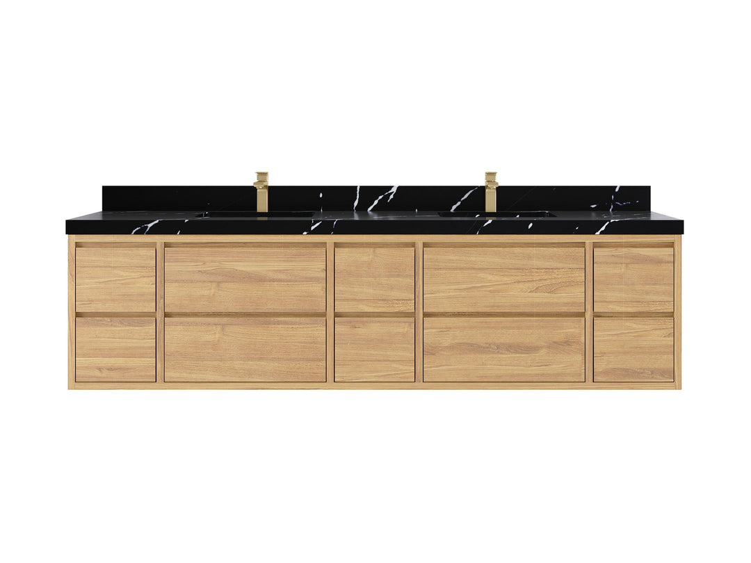 Madison Floating Teak 84 in. W x 22 in. D Double Sink Bathroom Vanity in Light Natural with 2 in Calacatta Black Quartz Countertop