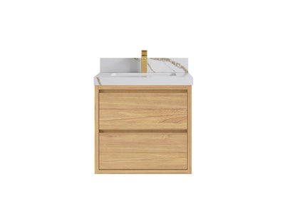 Madison Floating Teak 24 in. W x 22 in. D Single Sink Bathroom Vanity in Light Natural with 2 in Calacatta Gold Quartz Countertop