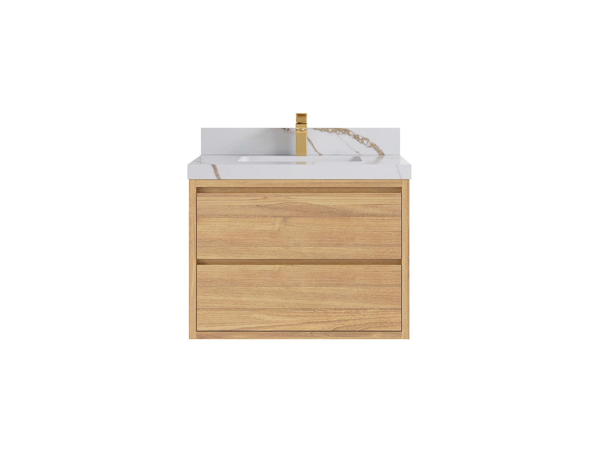 Madison Floating Teak 30 in. W x 22 in. D Single Sink Bathroom Vanity in Light Natural with 2 in Calacatta Gold Quartz Countertop