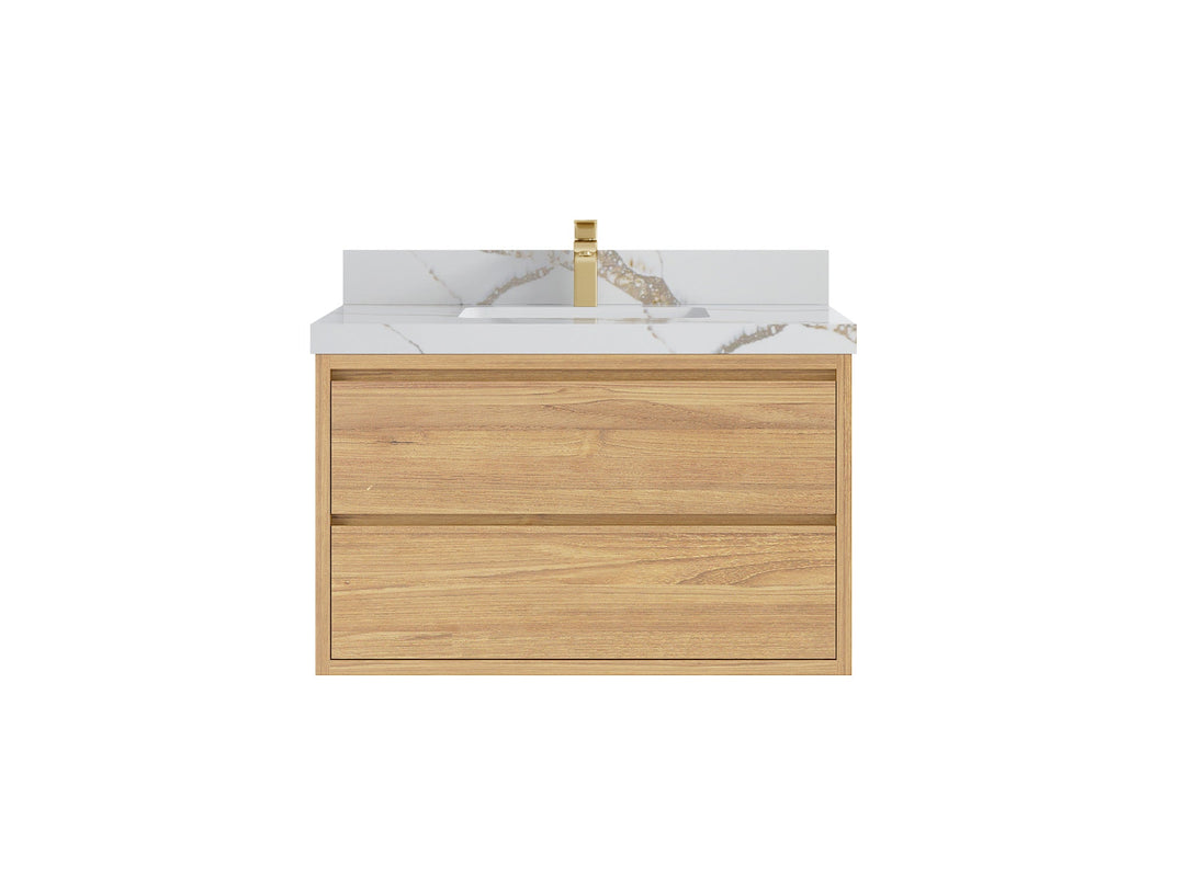 Madison Floating Teak 36 in. W x 22 in. D Single Sink Bathroom Vanity in Light Natural with 2 in Calacatta Gold Quartz Countertop