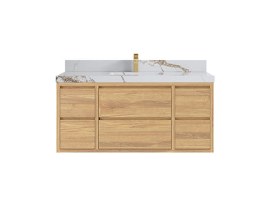 Madison Floating Teak 48 in. W x 22 in. D Single Sink Bathroom Vanity in Light Natural with 2 in Calacatta Gold Quartz Countertop