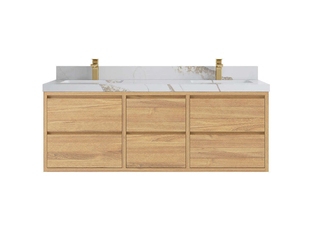 Madison Floating Teak 60 in. W x 22 in. D Double Sink Bathroom Vanity in Light Natural with 2 in Calacatta Gold Quartz Countertop