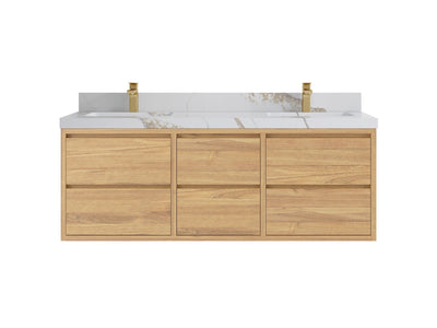 Madison Floating Teak 60 in. W x 22 in. D Double Sink Bathroom Vanity in Light Natural with 2 in Calacatta Gold Quartz Countertop