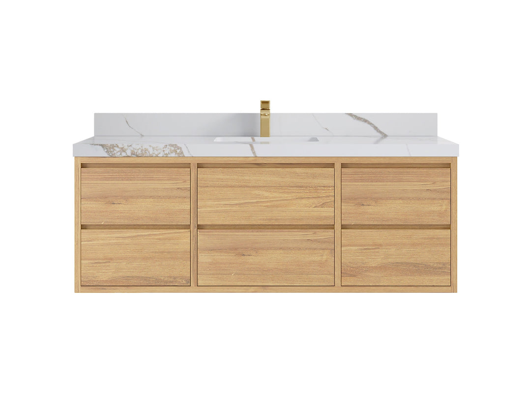 Madison Floating Teak 60 in. W x 22 in. D Single Sink Bathroom Vanity in Light Natural with 2 in Calacatta Gold Quartz Countertop