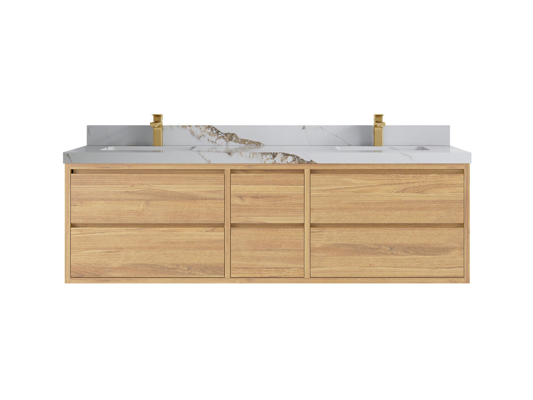 Madison Floating Teak 72 in. W x 22 in. D Double Sink Bathroom Vanity in Light Natural with 2 in Calacatta Gold Quartz Countertop