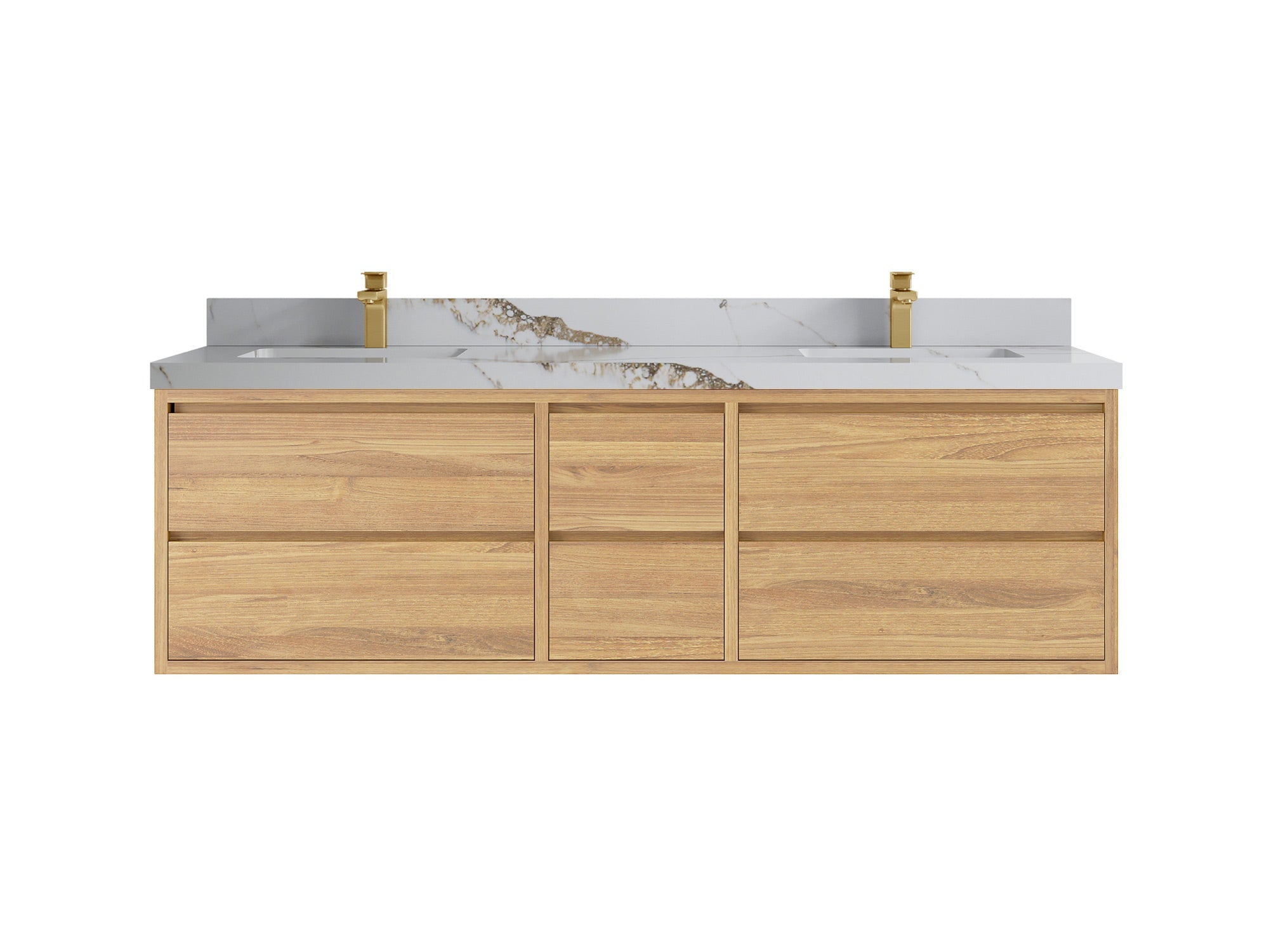 Madison Floating Teak 72 in. W x 22 in. D Double Sink Bathroom Vanity in Light Natural with 2 in Calacatta Gold Quartz Countertop