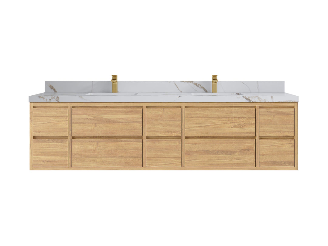 Madison Floating Teak 84 in. W x 22 in. D Double Sink Bathroom Vanity in Light Natural with 2 in Calacatta Gold Quartz Countertop