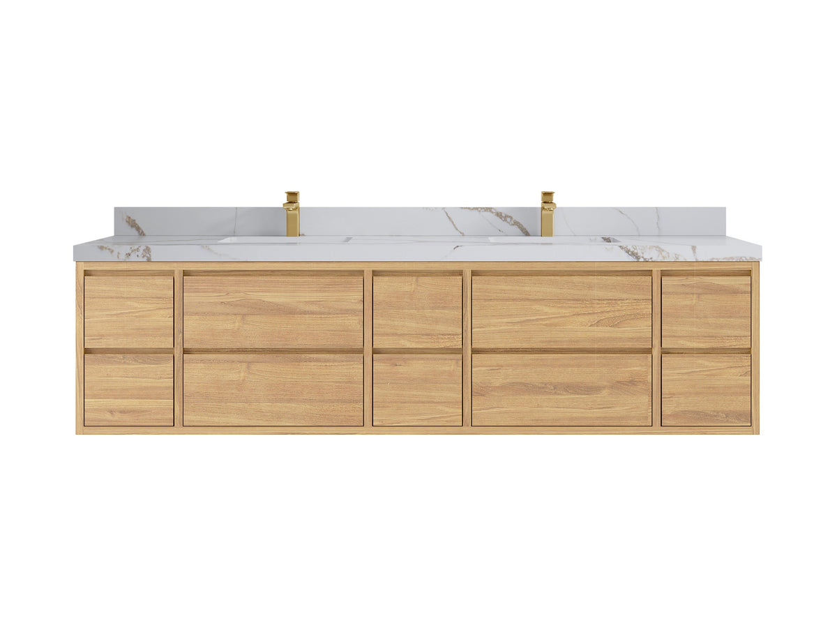 Madison Floating Teak 84 in. W x 22 in. D Double Sink Bathroom Vanity in Light Natural with 2 in Calacatta Gold Quartz Countertop