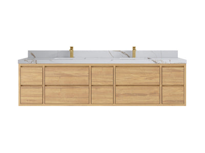 Madison Floating Teak 84 in. W x 22 in. D Double Sink Bathroom Vanity in Light Natural with 2 in Calacatta Gold Quartz Countertop