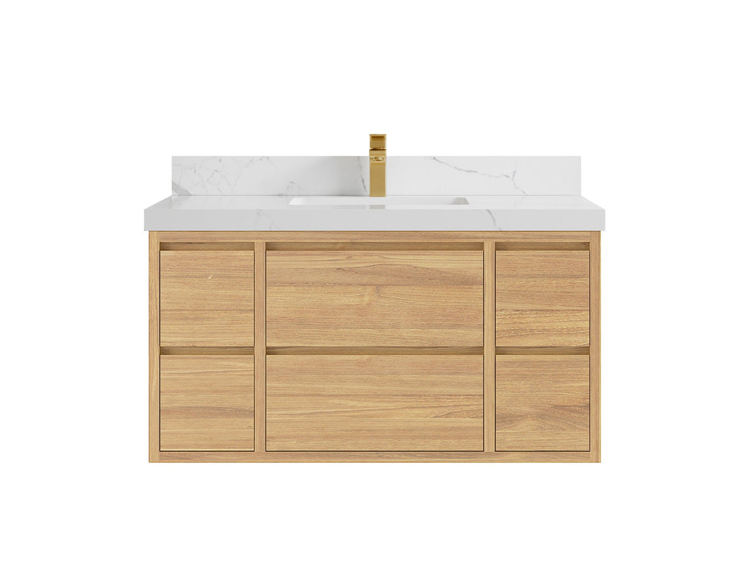 Madison Floating Teak 42 in. W x 22 in. D Single Sink Bathroom Vanity in Light Natural with 2 in Calacatta Laza Quartz Countertop