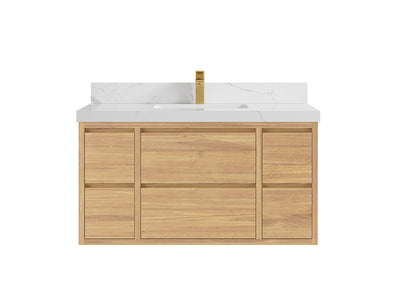 Madison Floating Teak 42 in. W x 22 in. D Single Sink Bathroom Vanity in Light Natural with 2 in Calacatta Laza Quartz Countertop