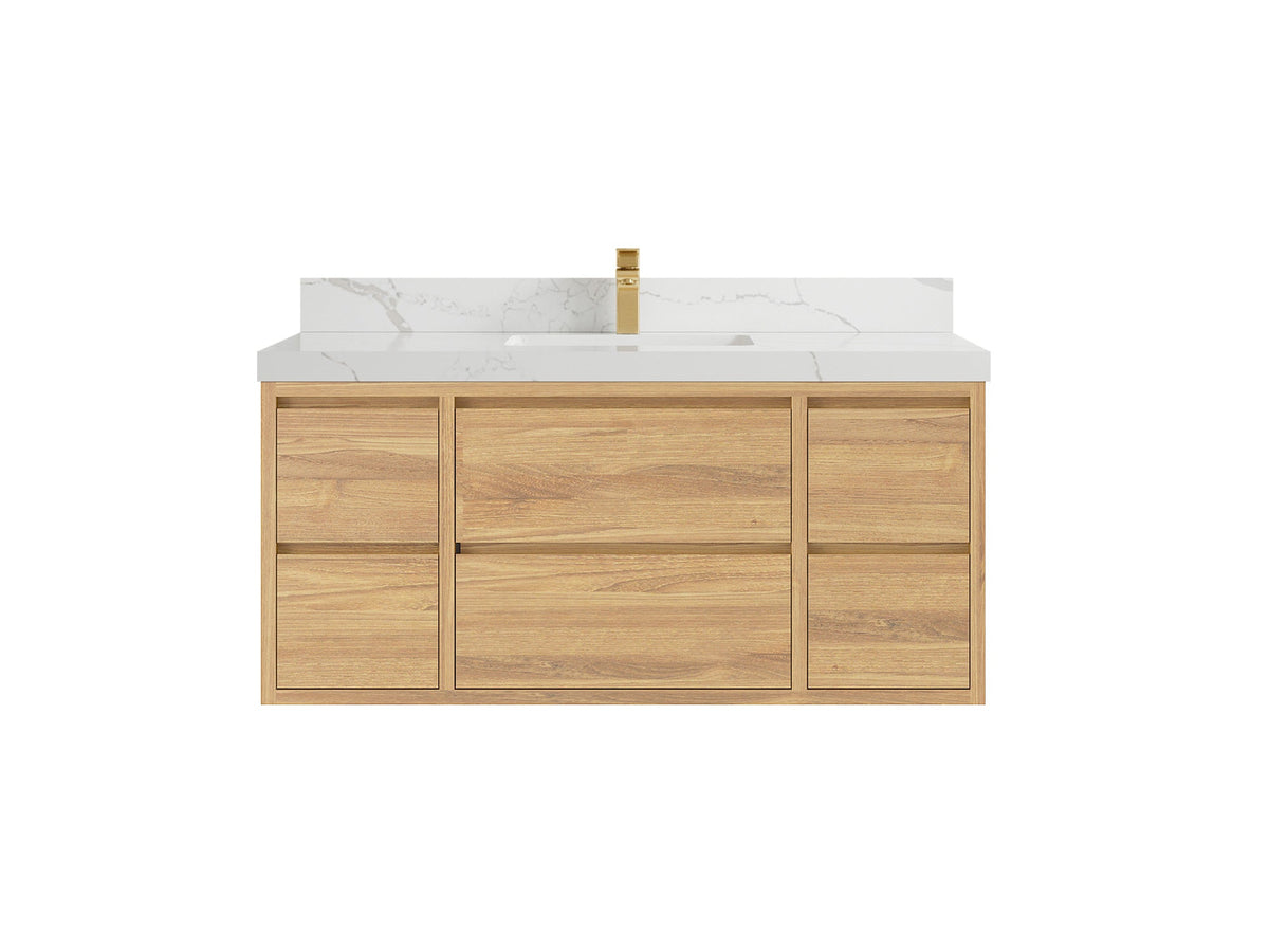 Madison Floating Teak 48 in. W x 22 in. D Single Sink Bathroom Vanity in Light Natural with 2 in Calacatta Laza Quartz Countertop