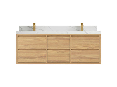 Madison Floating Teak 60 in. W x 22 in. D Double Sink Bathroom Vanity in Light Natural with 2 in Calacatta Laza Quartz Countertop