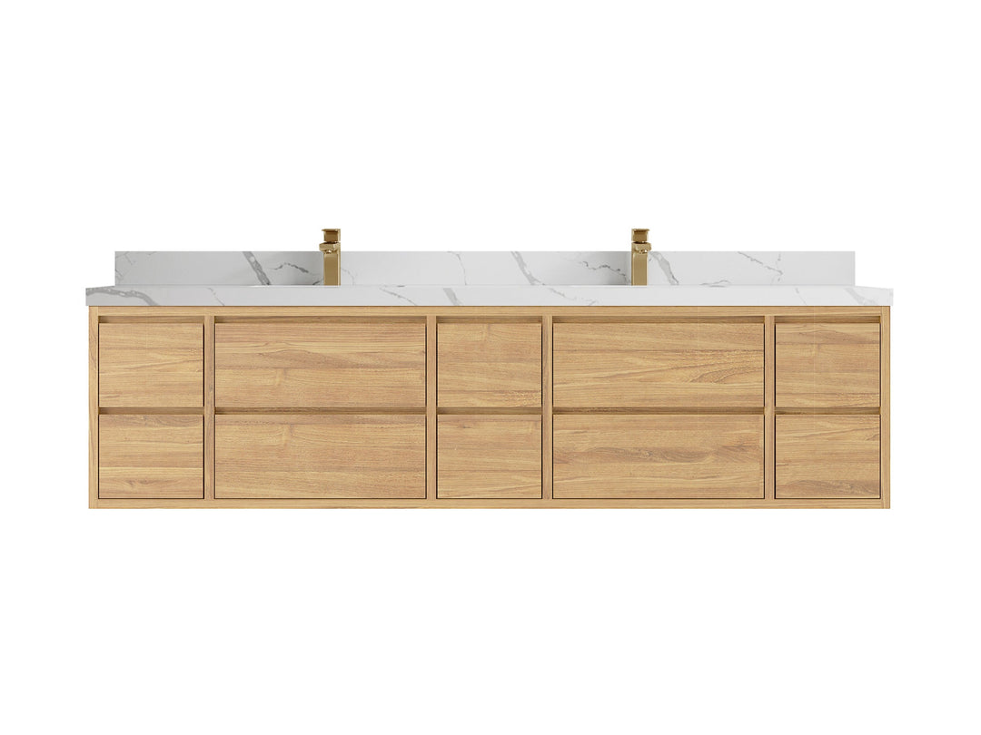 Madison Floating Teak 84 in. W x 22 in. D Double Sink Bathroom Vanity in Light Natural with 2 in Calacatta Laza Quartz Countertop