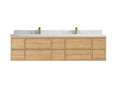 Madison Floating Teak 84 in. W x 22 in. D Double Sink Bathroom Vanity in Light Natural with 2 in Calacatta Laza Quartz Countertop