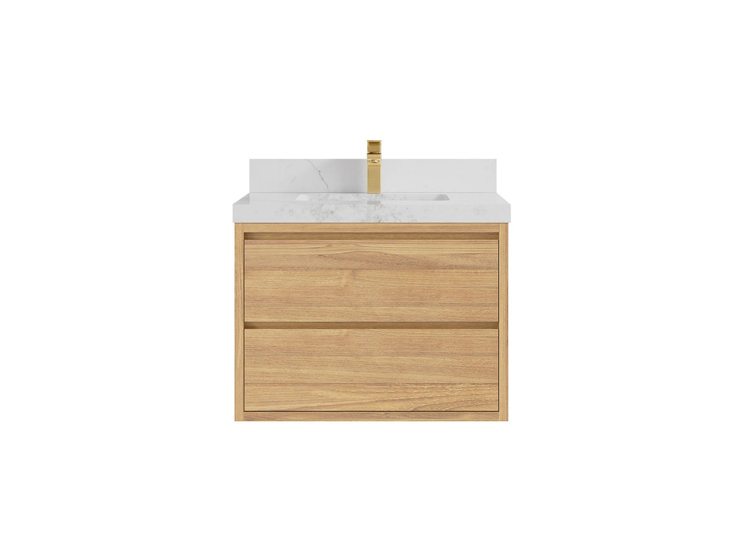 Madison Floating Teak 30 in. W x 22 in. D Single Sink Bathroom Vanity in Light Natural with 2 in Calacatta Nuvo Quartz Countertop 