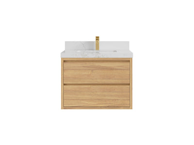 Madison Floating Teak 30 in. W x 22 in. D Single Sink Bathroom Vanity in Light Natural with 2 in Calacatta Nuvo Quartz Countertop