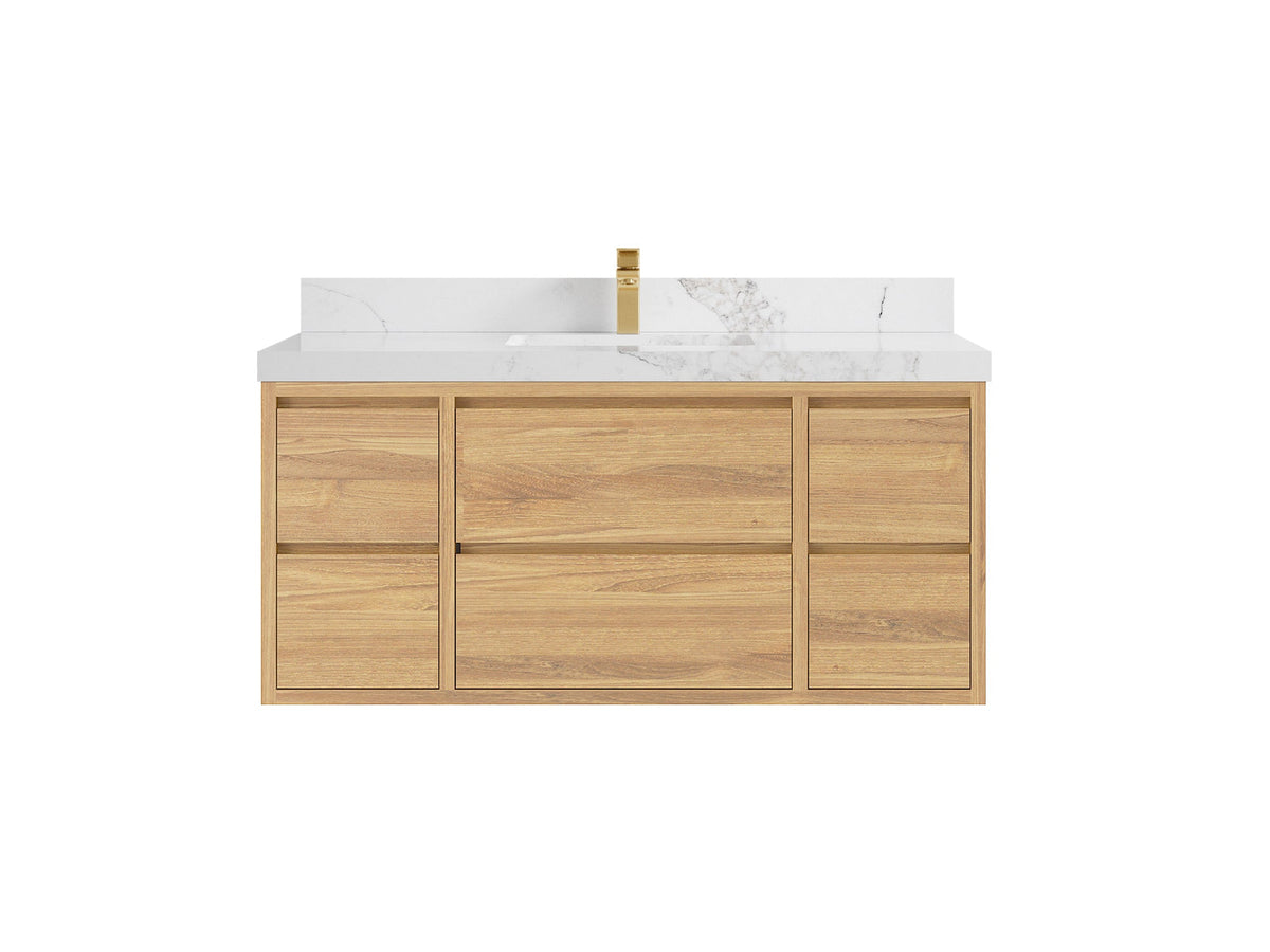 Madison Floating Teak 48 in. W x 22 in. D Single Sink Bathroom Vanity in Light Natural with 2 in Calacatta Nuvo Quartz Countertop