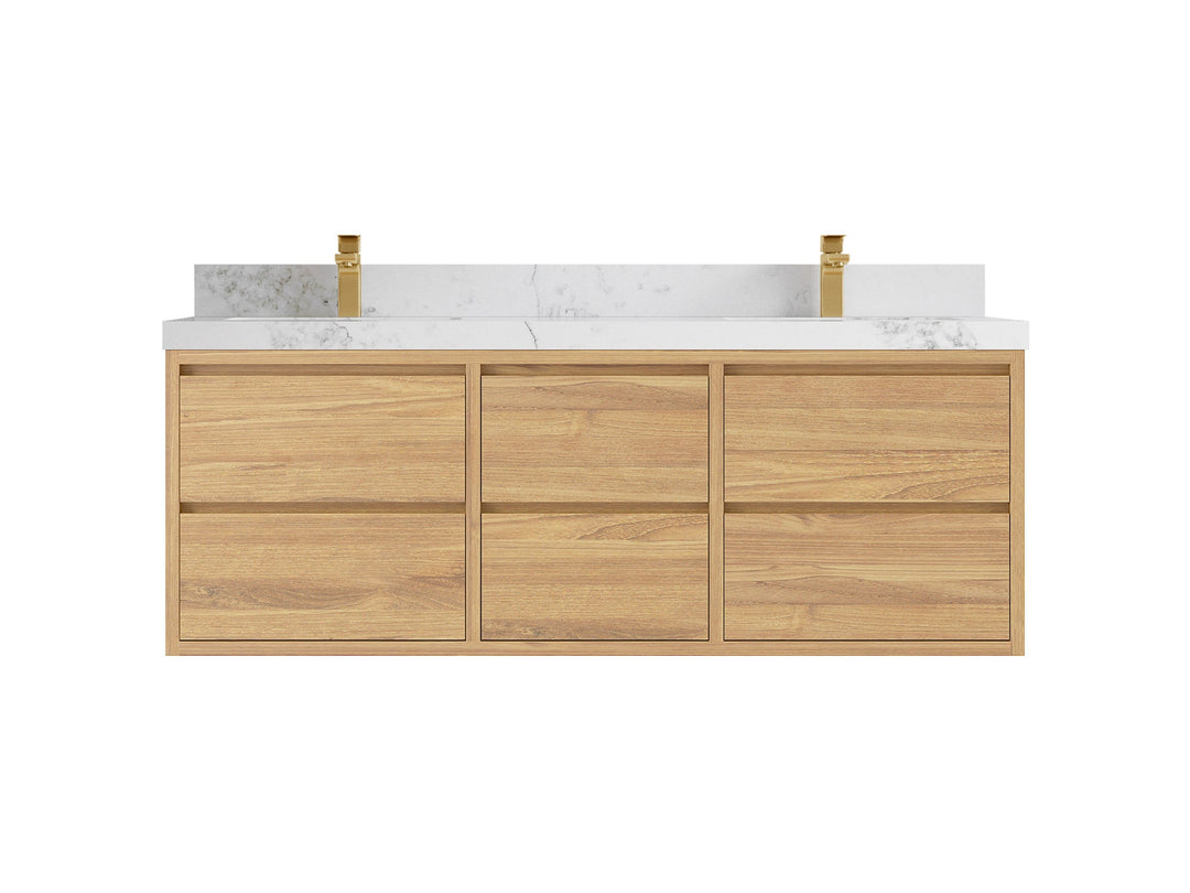 Madison Floating Teak 60 in. W x 22 in. D Double Sink Bathroom Vanity in Light Natural with 2 in Calacatta Nuvo Quartz Countertop 