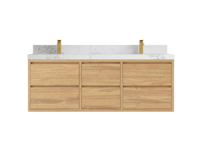 Madison Floating Teak 60 in. W x 22 in. D Double Sink Bathroom Vanity in Light Natural with 2 in Calacatta Nuvo Quartz Countertop
