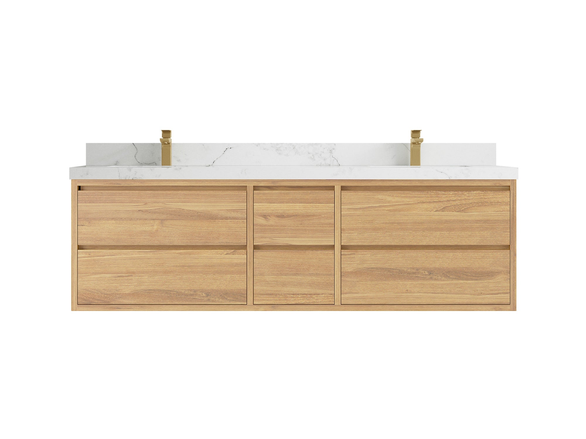 Madison Floating Teak 72 in. W x 22 in. D Double Sink Bathroom Vanity in Light Natural with 2 in Calacatta Nuvo Quartz Countertop