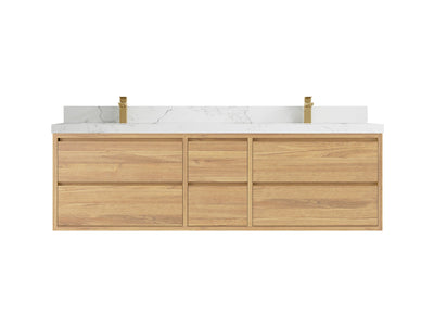 Madison Floating Teak 72 in. W x 22 in. D Double Sink Bathroom Vanity in Light Natural with 2 in Calacatta Nuvo Quartz Countertop
