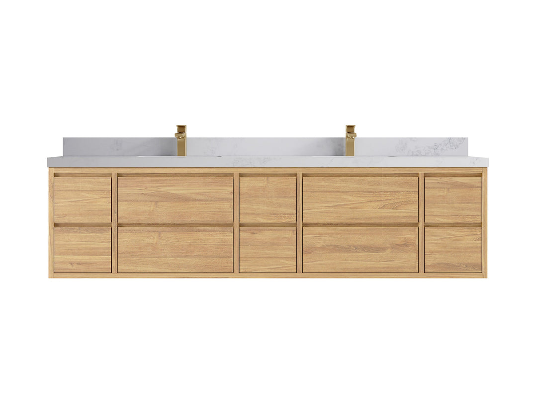 Madison Floating Teak 84 in. W x 22 in. D Double Sink Bathroom Vanity in Light Natural with 2 in Calacatta Nuvo Quartz Countertop 