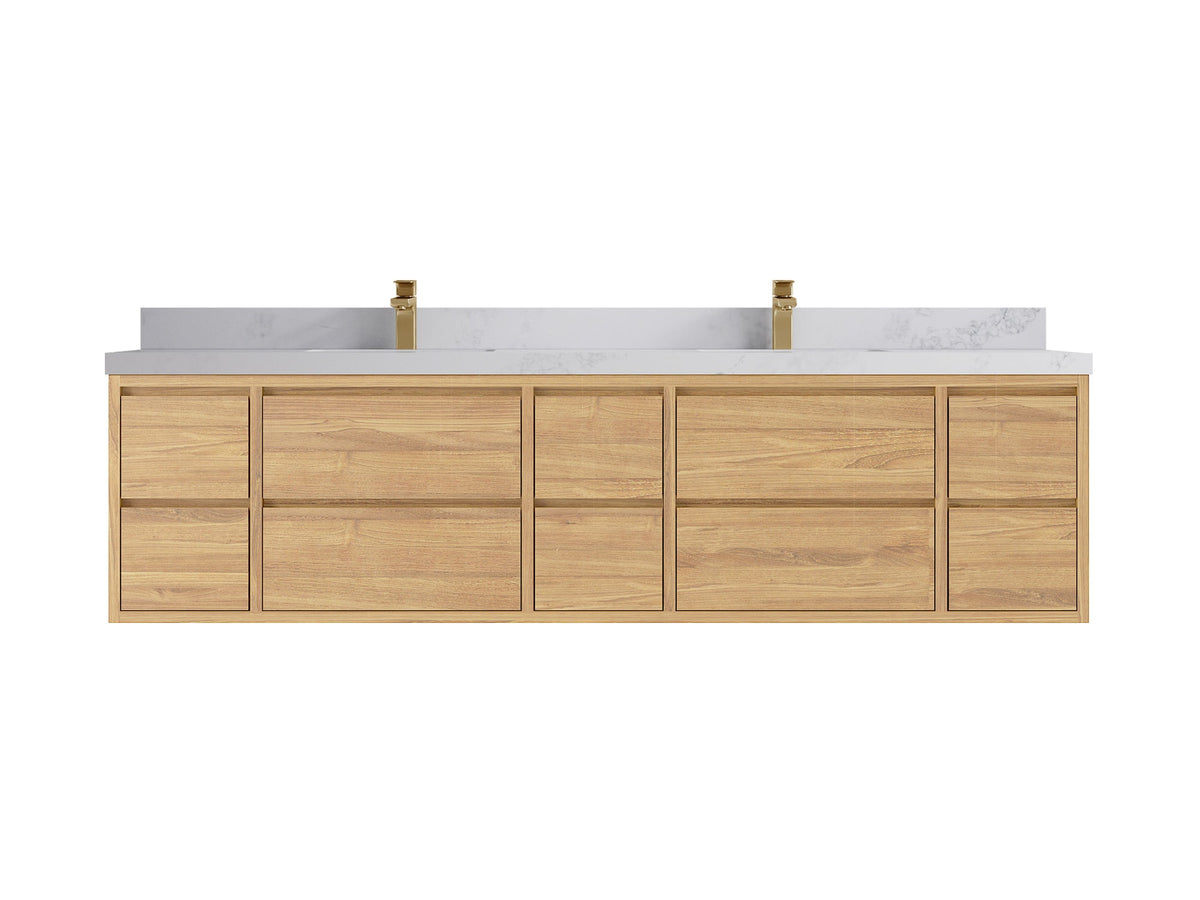 Madison Floating Teak 84 in. W x 22 in. D Double Sink Bathroom Vanity in Light Natural with 2 in Calacatta Nuvo Quartz Countertop