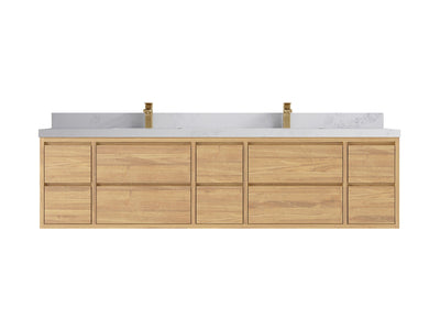 Madison Floating Teak 84 in. W x 22 in. D Double Sink Bathroom Vanity in Light Natural with 2 in Calacatta Nuvo Quartz Countertop