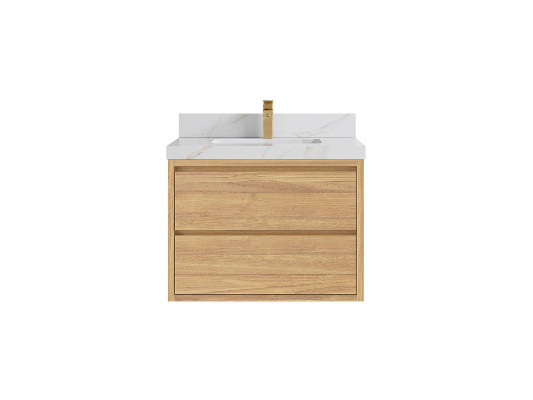 Madison Floating Teak 30 in. W x 22 in. D Single Sink Bathroom Vanity in Light Natural with 2 in Calacatta Sienna Quartz Countertop