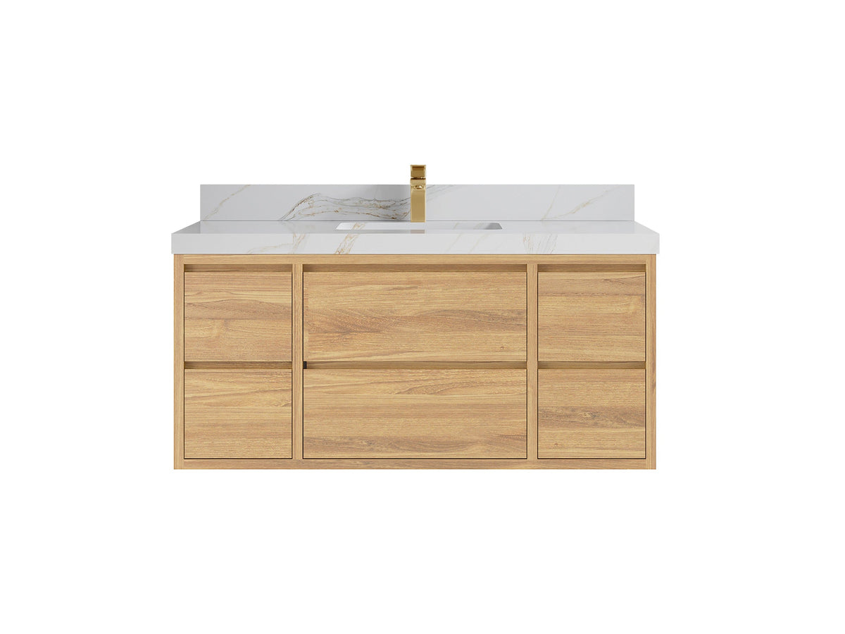 Madison Floating Teak 48 in. W x 22 in. D Single Sink Bathroom Vanity in Light Natural with 2 in Calacatta Sienna Quartz Countertop