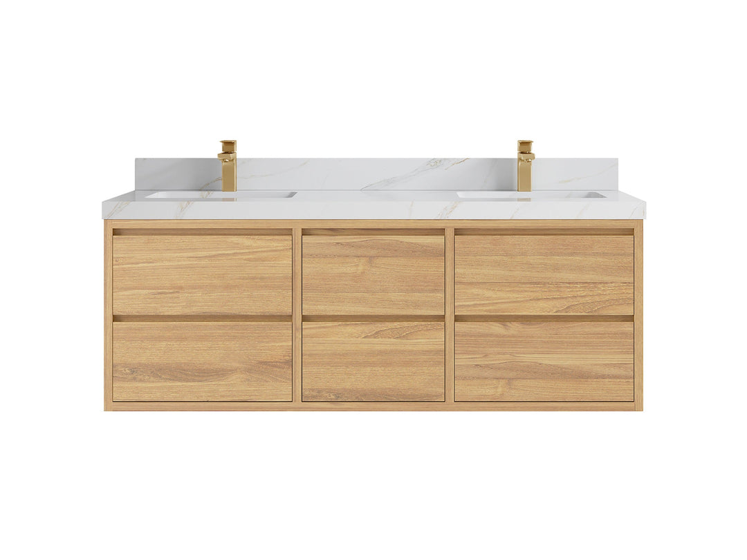 Madison Floating Teak 60 in. W x 22 in. D Double Sink Bathroom Vanity in Light Natural with 2 in Calacatta Sienna Quartz Countertop