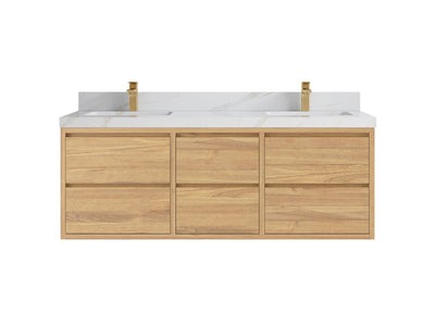 Madison Floating Teak 60 in. W x 22 in. D Double Sink Bathroom Vanity in Light Natural with 2 in Calacatta Sienna Quartz Countertop