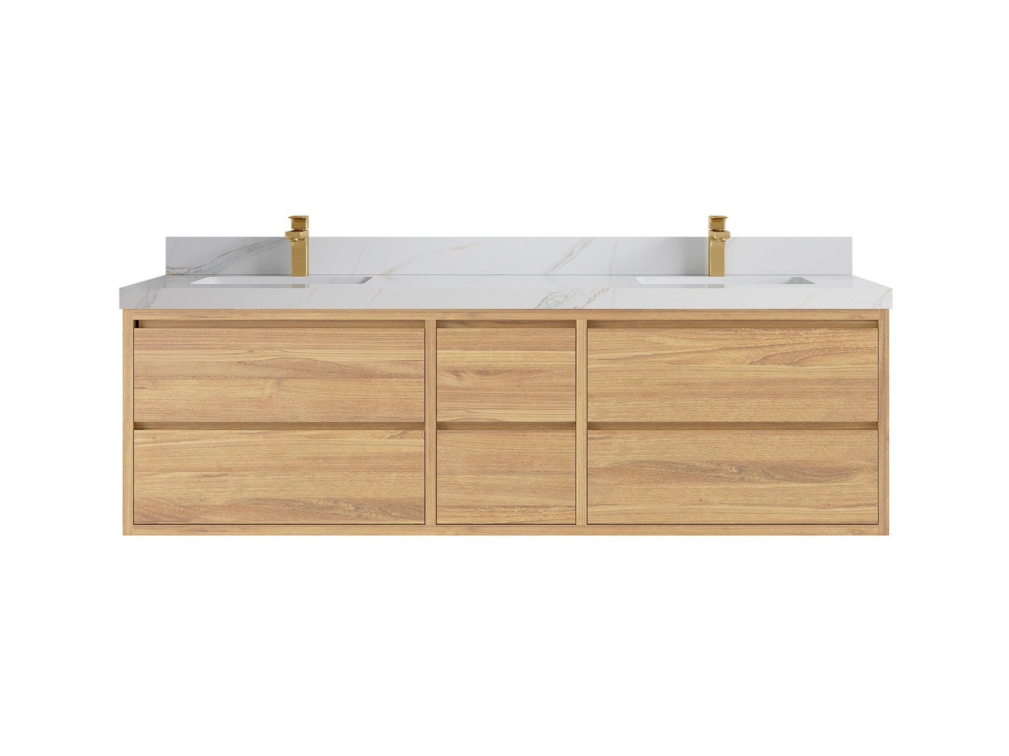 Madison Floating Teak 72 in. W x 22 in. D Double Sink Bathroom Vanity in Light Natural with 2 in Calacatta Sienna Quartz Countertop