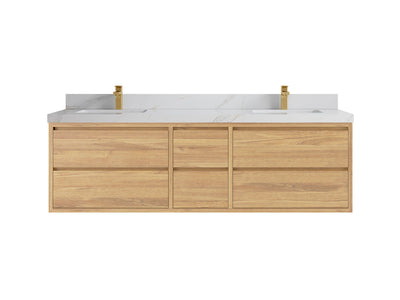 Madison Floating Teak 72 in. W x 22 in. D Double Sink Bathroom Vanity in Light Natural with 2 in Calacatta Sienna Quartz Countertop