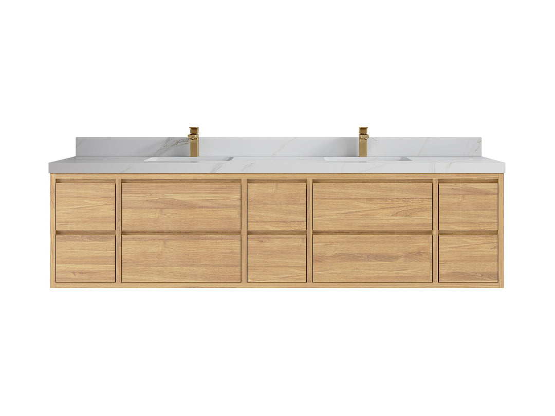 Madison Floating Teak 84 in. W x 22 in. D Double Sink Bathroom Vanity in Light Natural with 2 in Calacatta Sienna Quartz Countertop