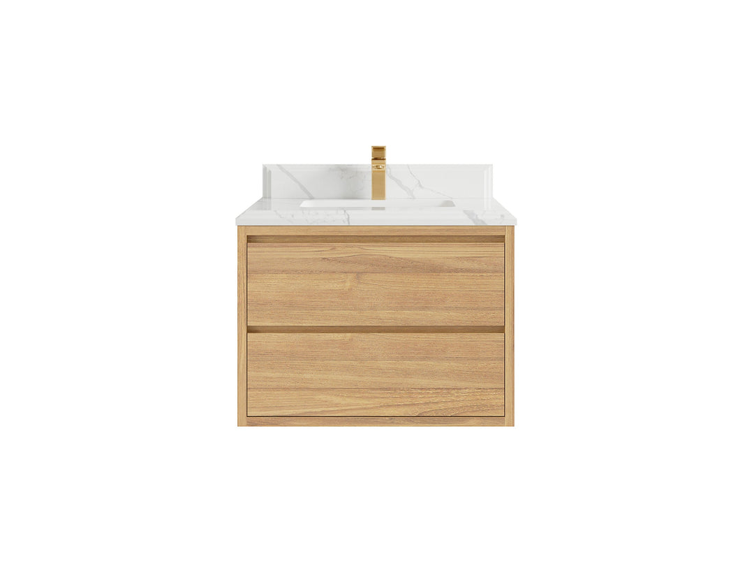Madison Floating Teak 30 in. W x 22 in. D Single Sink Bathroom Vanity in Light Natural with 1.5 in Calacatta Laza Quartz Countertop