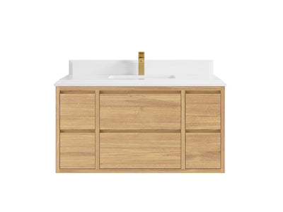 Madison Floating Teak 42 in. W x 22 in. D Single Sink Bathroom Vanity in Light Natural with 1.5 in White Quartz Countertop