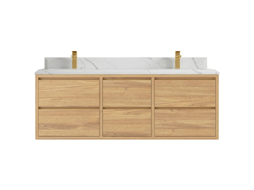 Madison Floating Teak 60 in. W x 22 in. D Double Sink Bathroom Vanity in Light Natural with 1.5 in Calacatta Laza Quartz Countertop