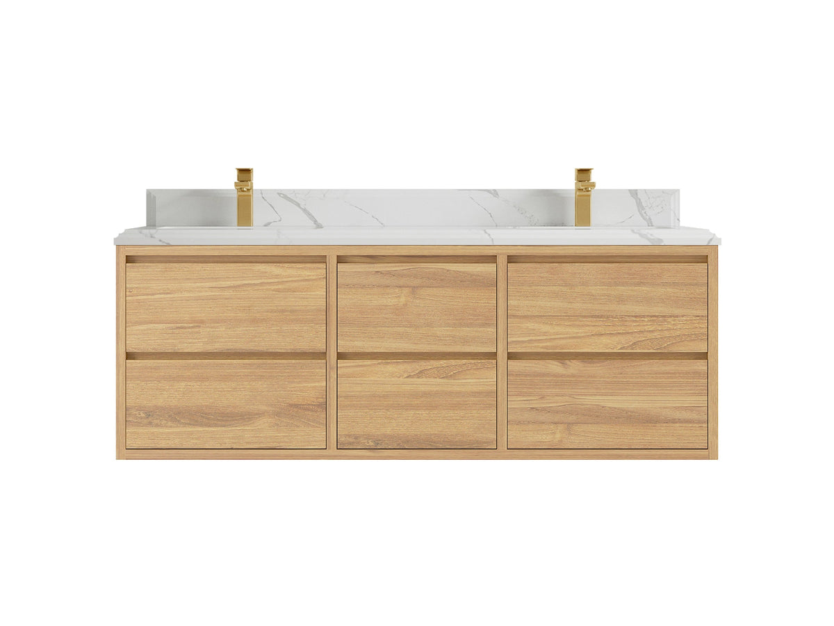 Madison Floating Teak 60 in. W x 22 in. D Double Sink Bathroom Vanity in Light Natural with 1.5 in Calacatta Laza Quartz Countertop