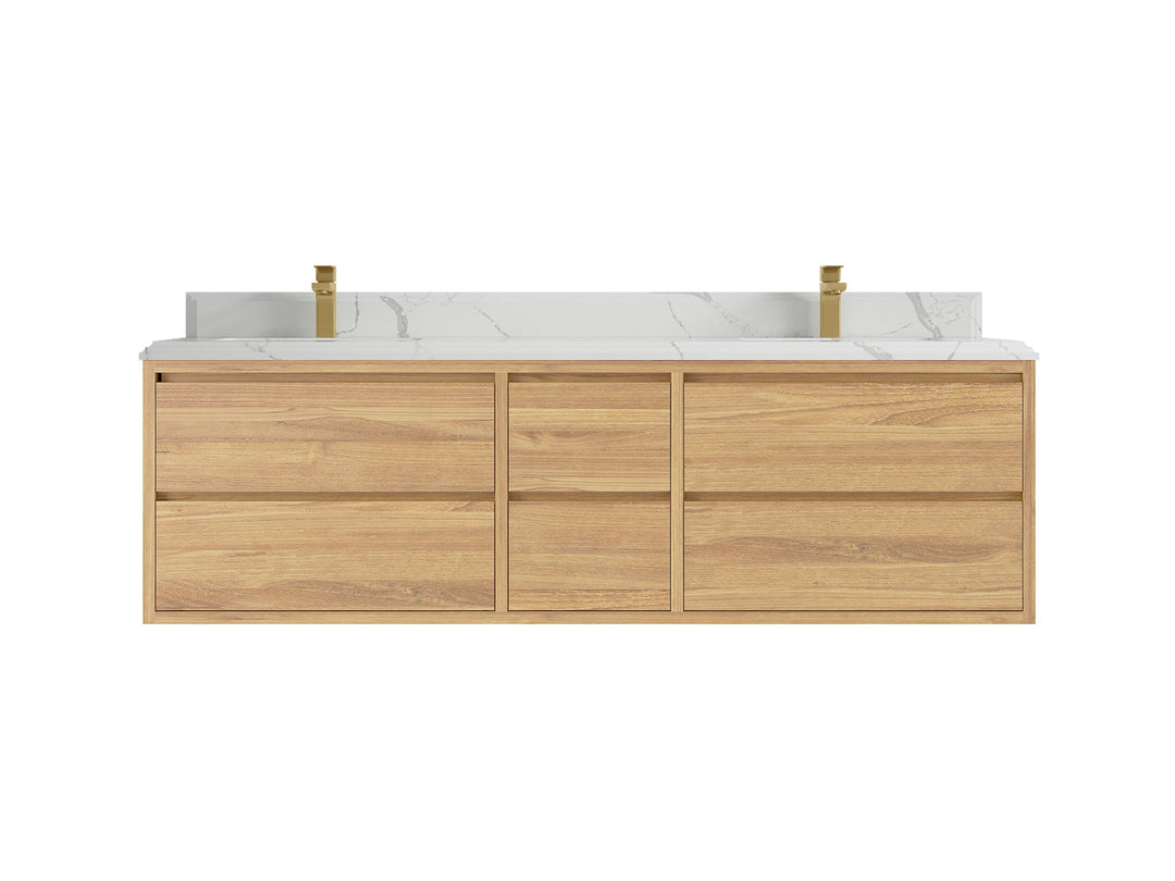 Madison Floating Teak 72 in. W x 22 in. D Double Sink Bathroom Vanity in Light Natural with 1.5 in Calacatta Laza Quartz Countertop