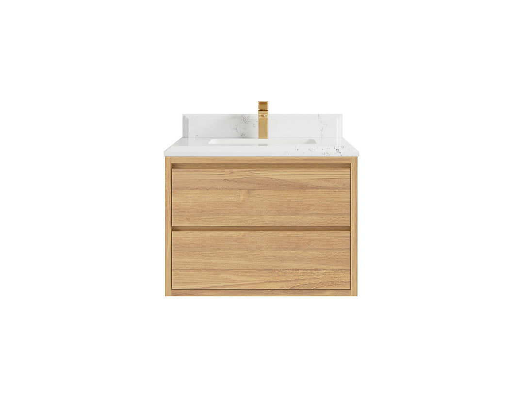 Madison Floating Teak 30 in. W x 22 in. D Single Sink Bathroom Vanity in Light Natural with 1.5 in Empira White Quartz Countertop 