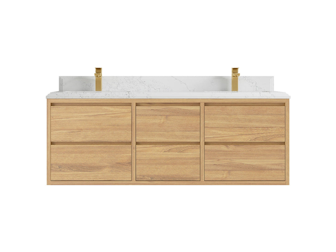 Madison Floating Teak 60 in. W x 22 in. D Double Sink Bathroom Vanity in Light Natural with 1.5 in Empira White Quartz Countertop 
