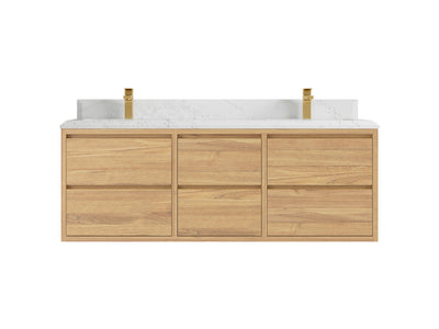 Madison Floating Teak 60 in. W x 22 in. D Double Sink Bathroom Vanity in Light Natural with 1.5 in Empira White Quartz Countertop